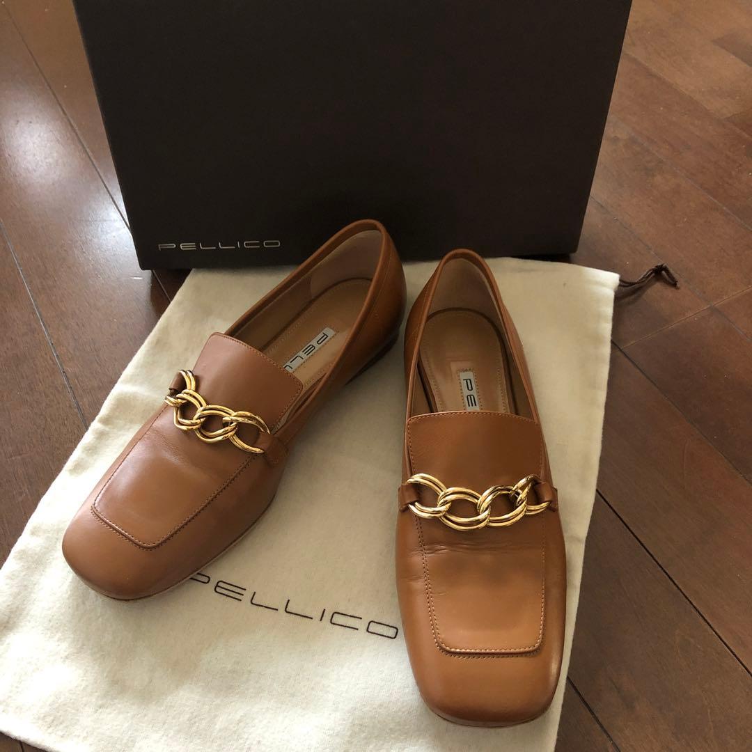 PELLICO ブラウンレザー ローファー チェーン付き